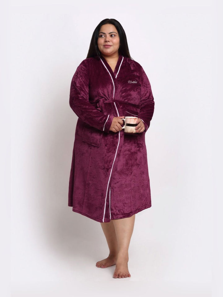 KLOTTHE Woollen Plus Size Bath Robe With Belt