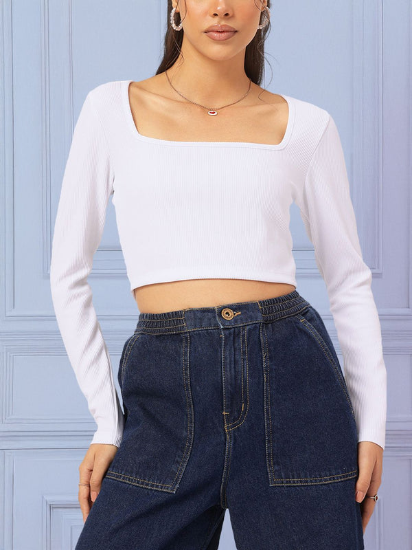 DressBerry Edgy Elegance Square Neck Ribbed Crop Top