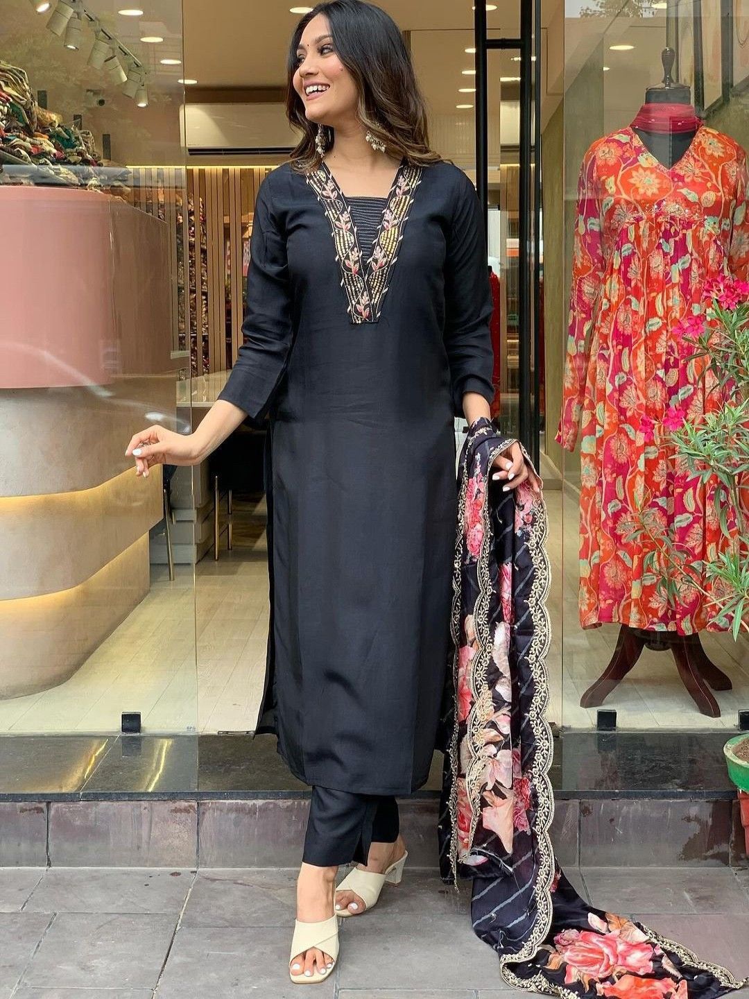 KALINI Women Floral Embroidered Regular Thread Work Kurta with Trousers & With Dupatta