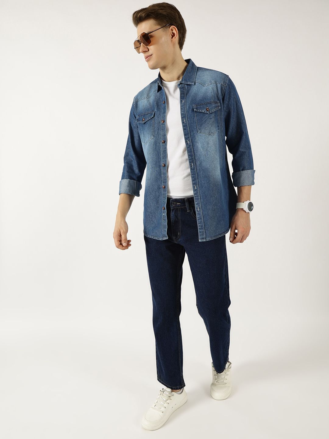 Thomas Scott Men Classic Spread Collar Faded Cotton Slim Fit Casual Shirt