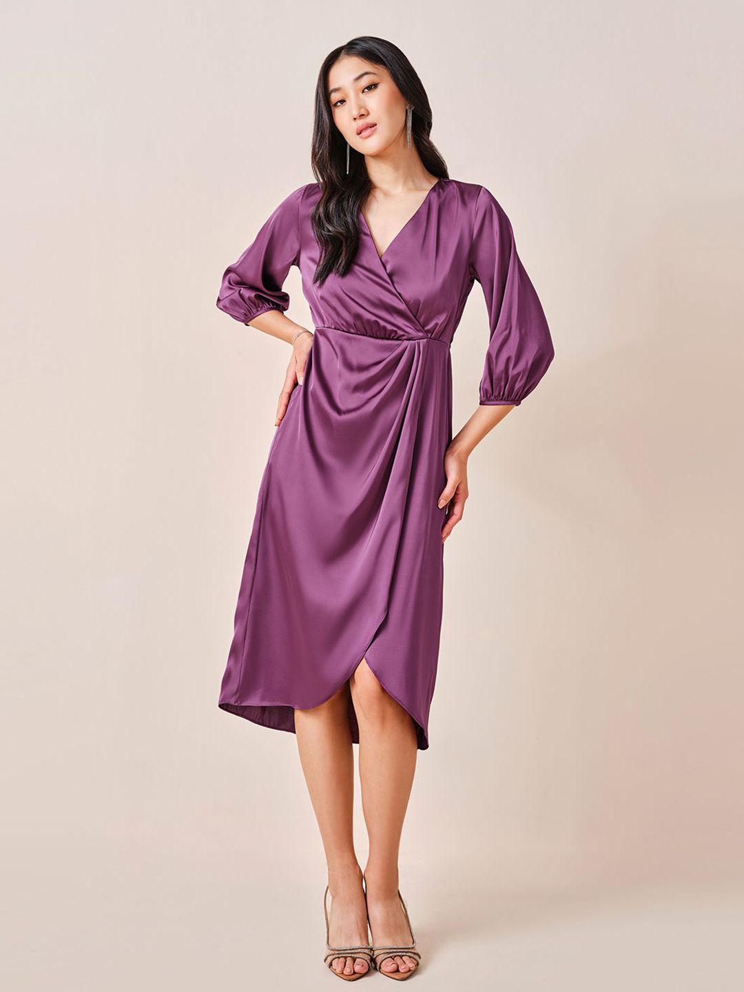 AND Women Solid V-Neck Puff Sleeve Wrap Midi Dress