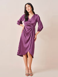 AND Women Solid V-Neck Puff Sleeve Wrap Midi Dress