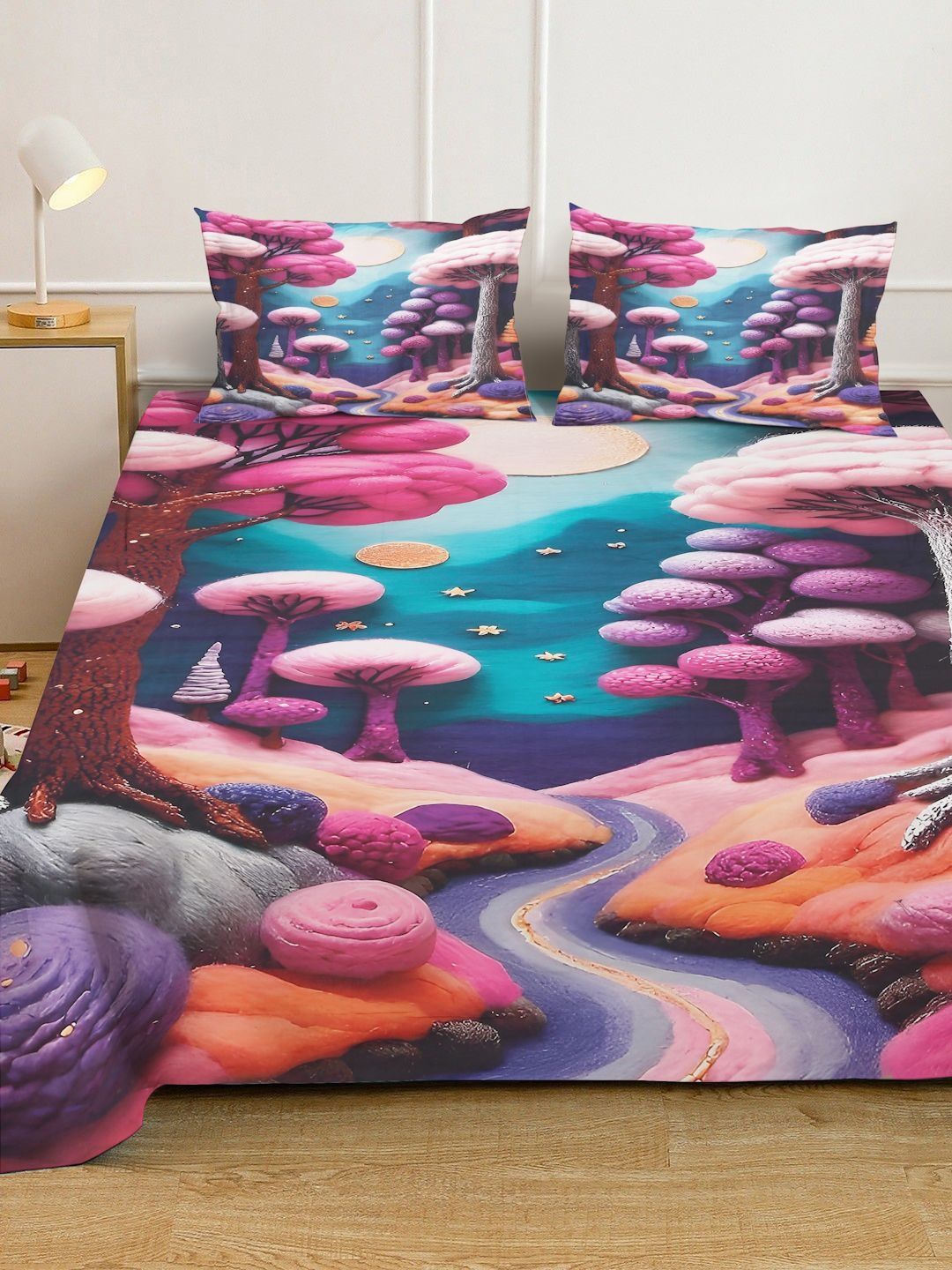 Myntra Elegant Purple & Pink Floral 400 TC King 7D Bedsheet & 2 Pillow Cover 250X225 cm