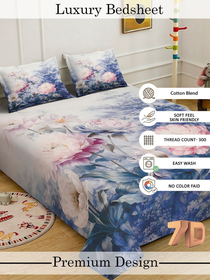 Myntra Elegant Homes Blue Floral 300 TC King Double 7D Cadar dengan 2 Sarung Bantal