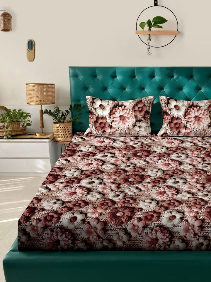 Myntra Elegant Brown Floral Printed Flat 300 TC King 7D Cadar & 2 Sarung Bantal