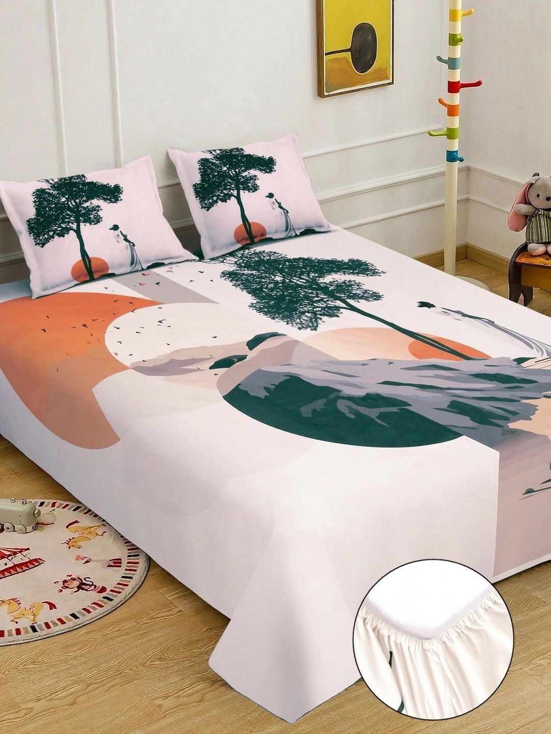 KLOTTHE Cream & Orange Abstract Printed Dilengkapi 400 TC King 7D Cadar dengan 2 Sarung Bantal