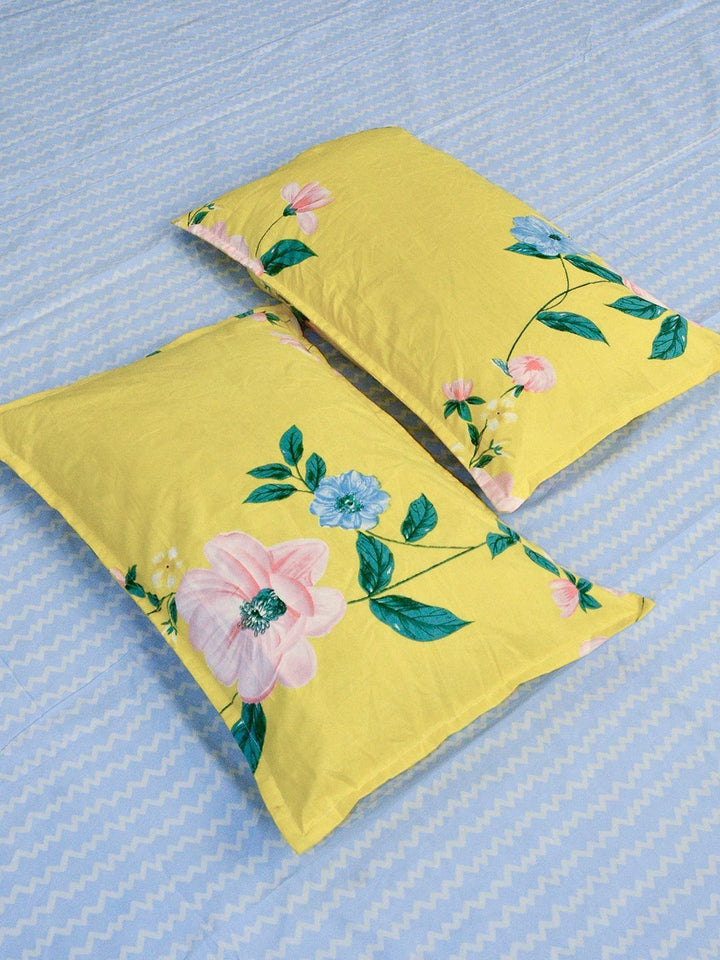 KLOTTHE Biru & Putih Bercetak Bercetak Dilengkapi Cadar King Double 300TC & 2 Sarung Bantal