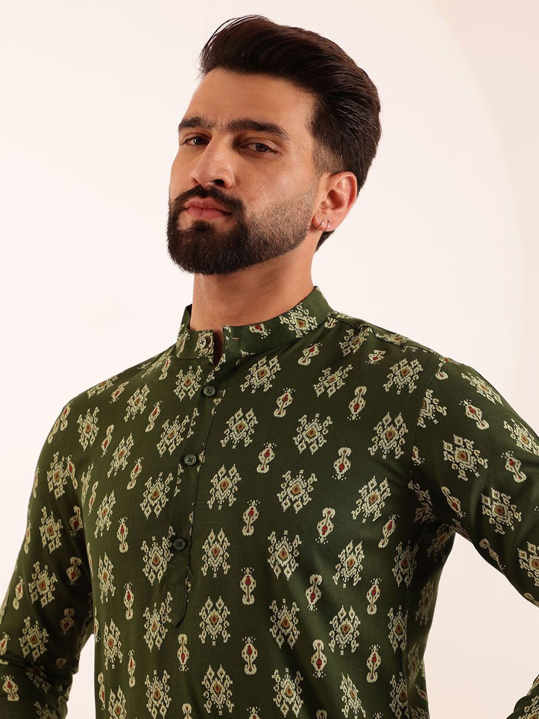 Anouk Men Ethnic Motifs Ikat Printed Mandarin Collar Short Kurta