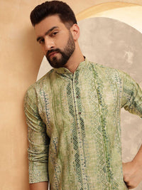 SOJANYA Ethnic Motifs Printed Mandarin Collar Sequinned Cotton Silk Kurta With Pyjamas