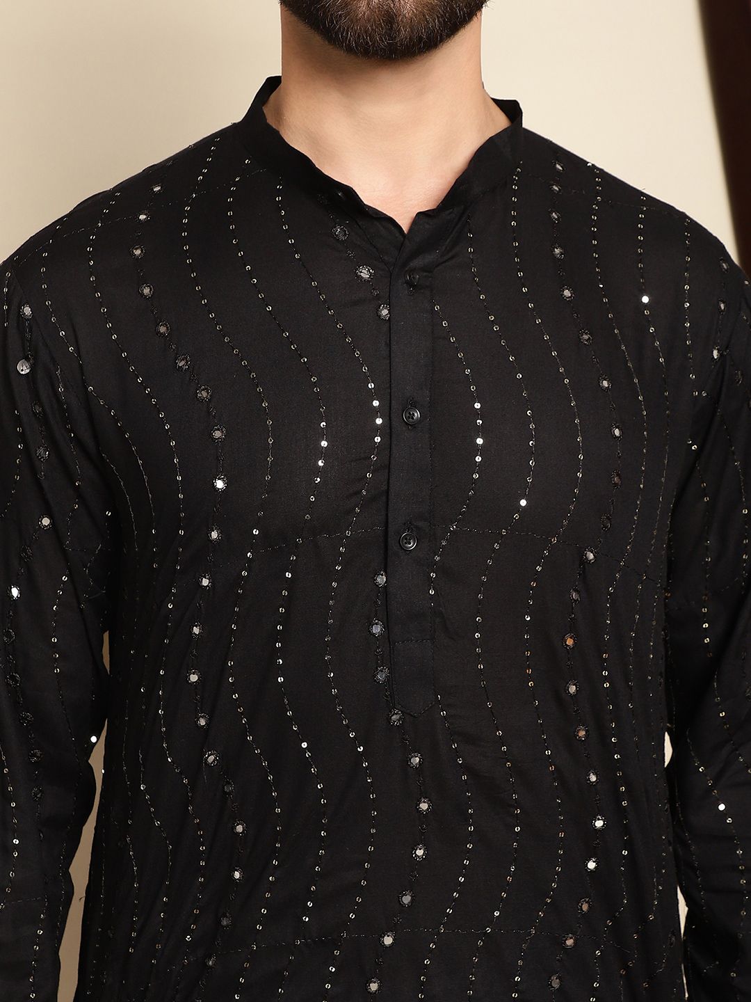 Anouk Black Mandarin Collar Sequinned Pure Cotton Straight Kurta with Pyjamas
