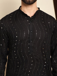 Anouk Black Mandarin Collar Sequinned Pure Cotton Straight Kurta with Pyjamas