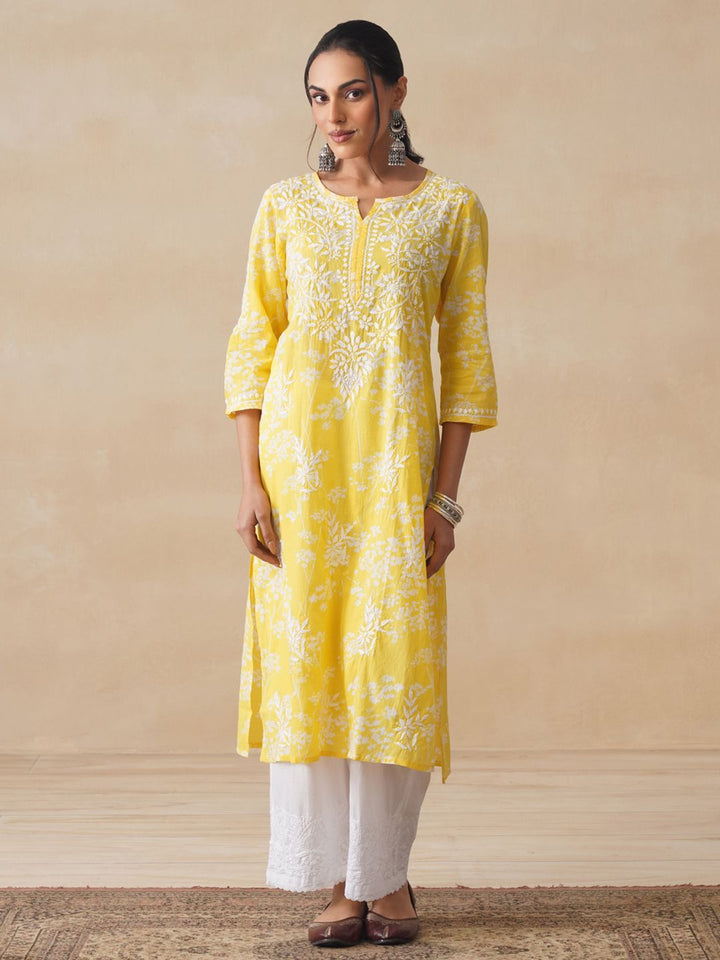 House of Chikankari Women Yellow Mulmul Chikankari Embroidered Kurta