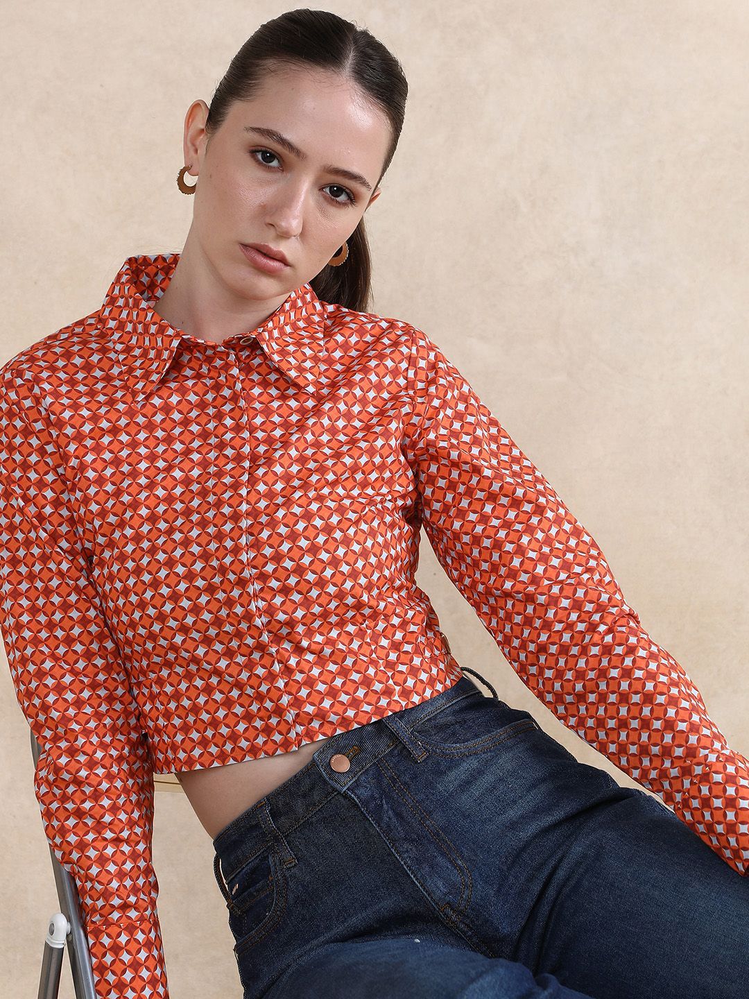 Rareism Geometric Printed Cotton Shirt Gaya Tanaman Top