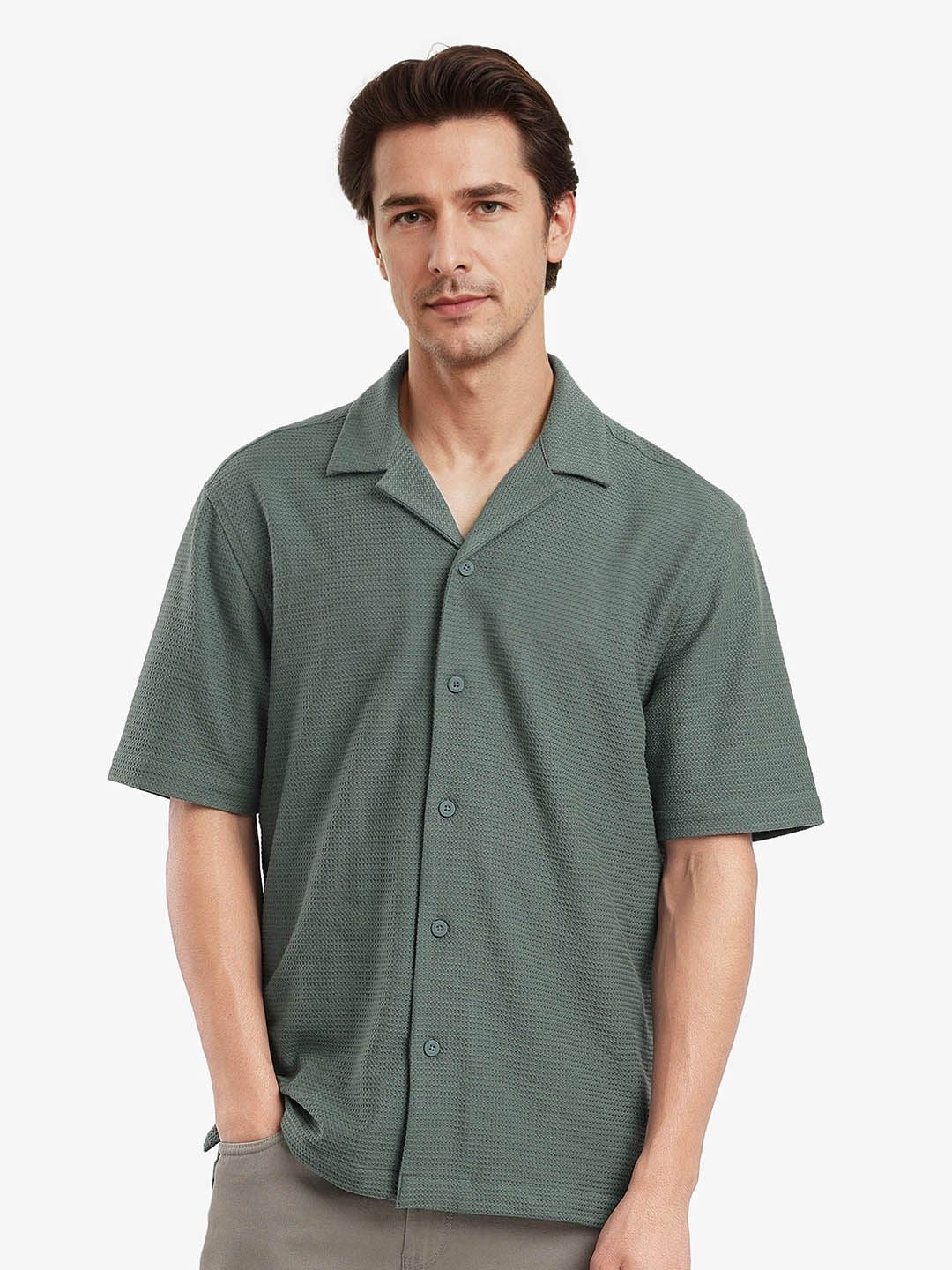 RARE RABBIT Men Comfort Spread Collar Textured Cotton Boxy Casual Shirt