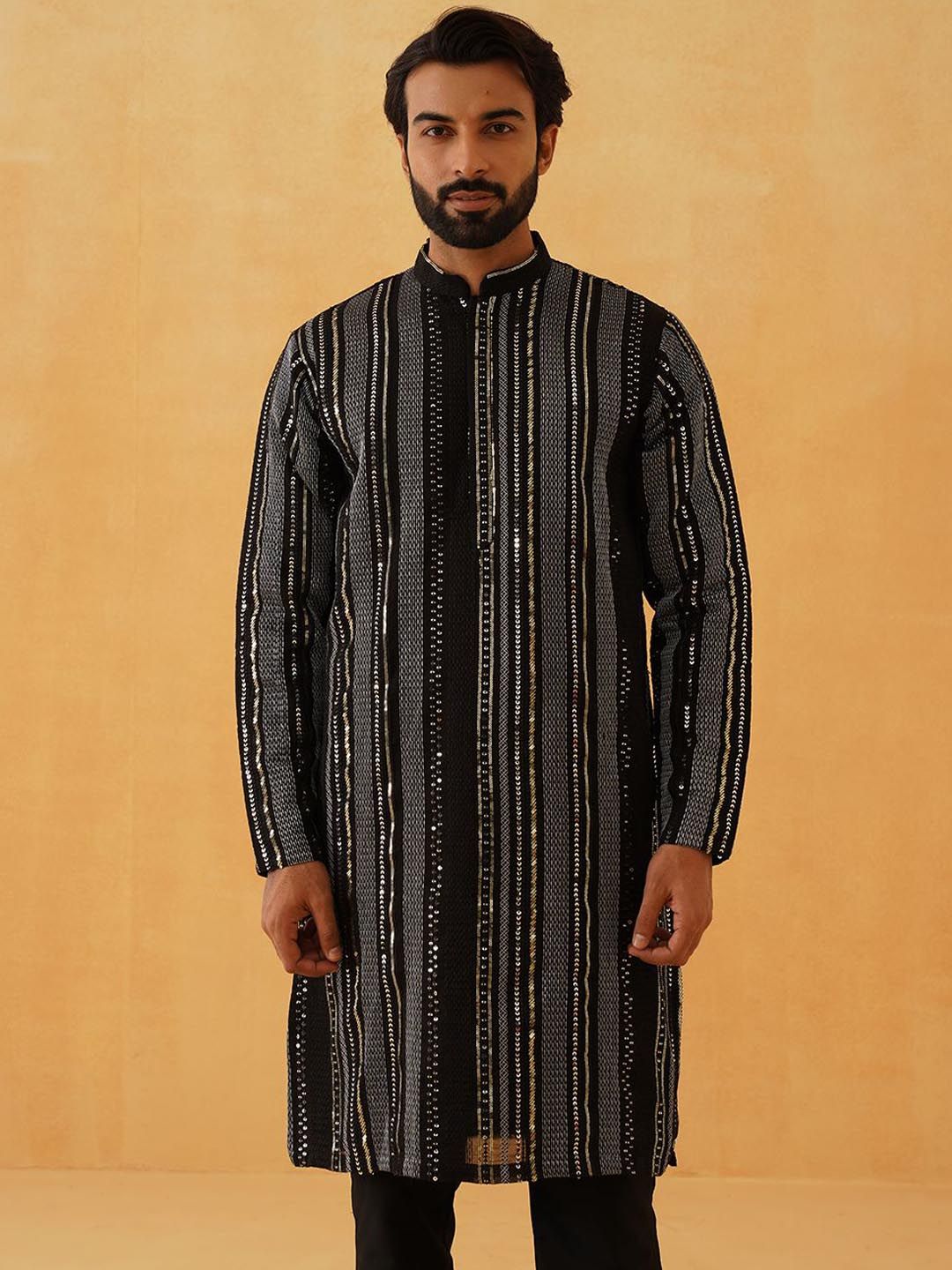 SOJANYA LUXE Striped Embroidered Sequinned Georgette Straight Kurta With Trousers
