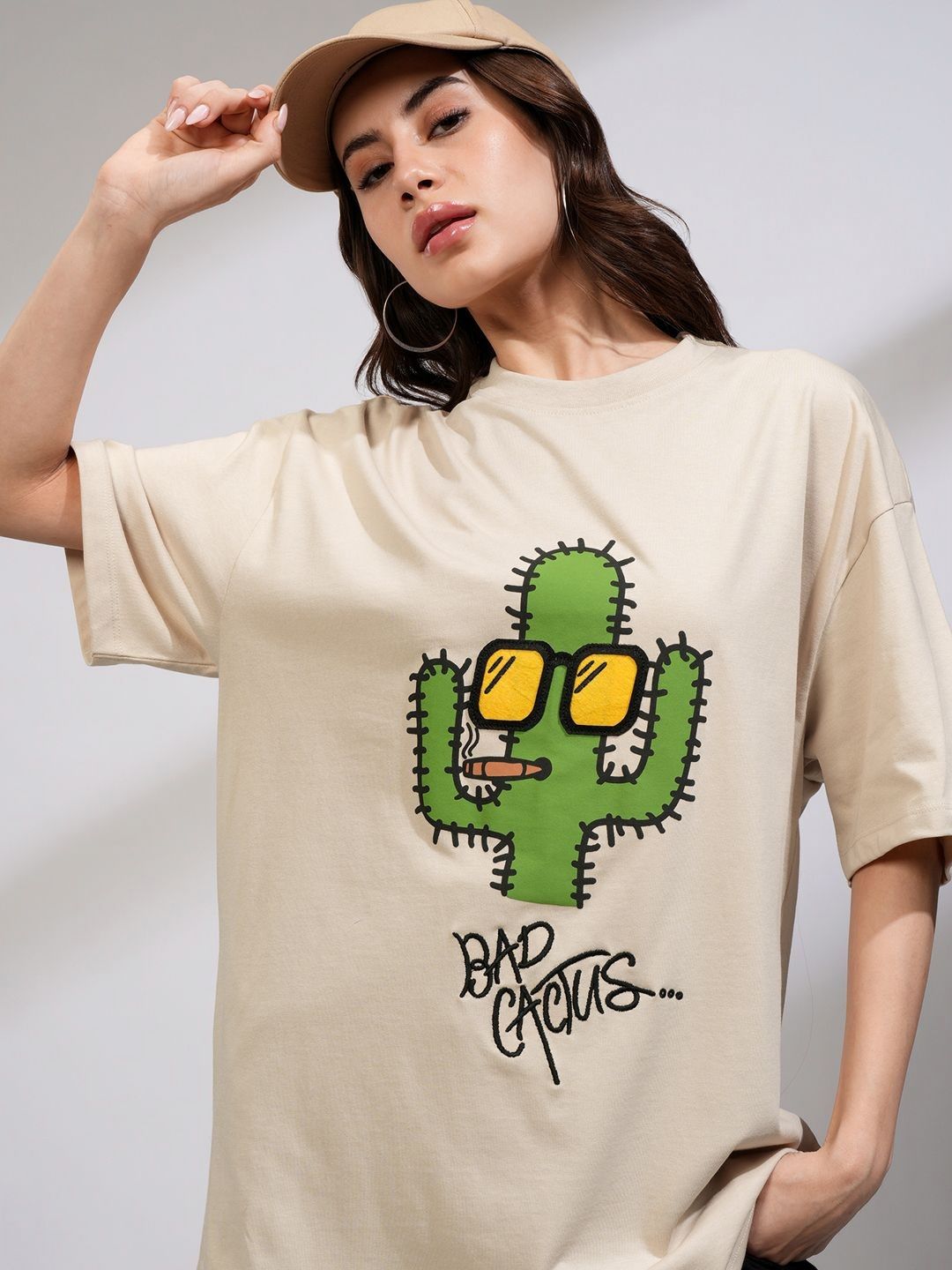 Street By Tokyo Talkies Women Solid Oversized Fit Chest Print T-Shirt