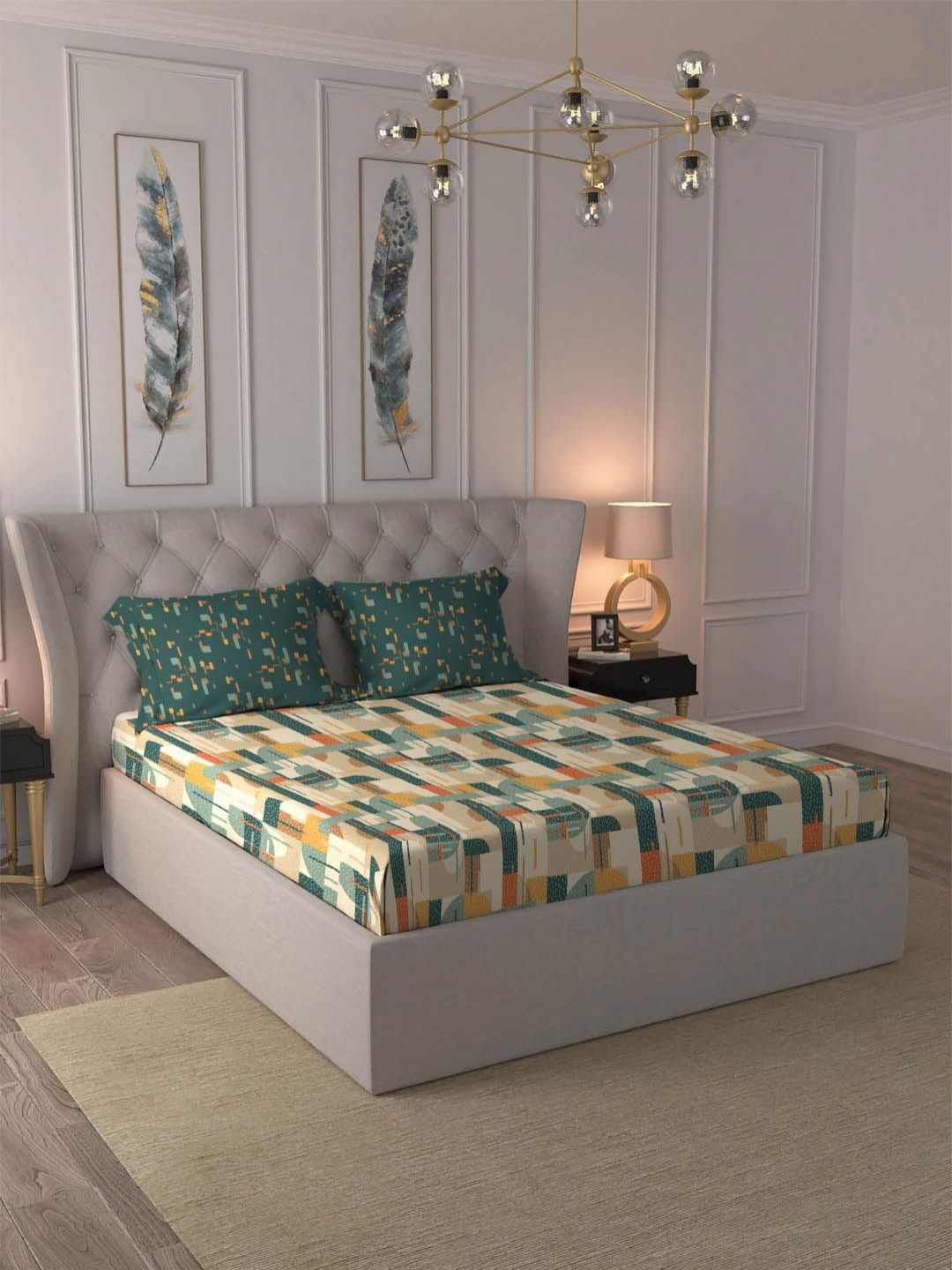 TRIDENT Brooke Green Dusk & Dawn Flat 144TC Queen Cotton Bedsheet Set