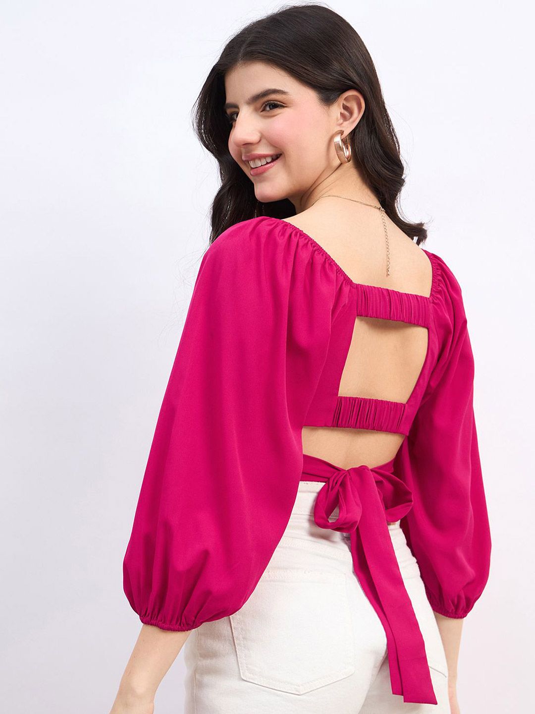 Berrylush Puff Sleeve Styled Back Crop Top