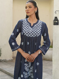 House of Chikankari Chikankari Pepejal A-line Pakaian Panjang Wanita-Gaun Biru Tua