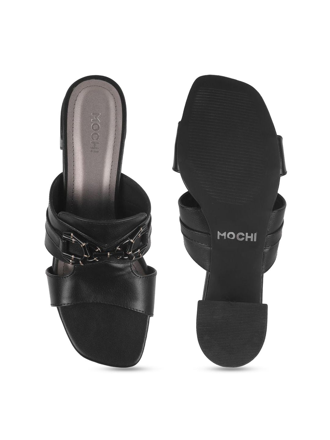 Mochi Women Open Toe Block Sandals with Buckles