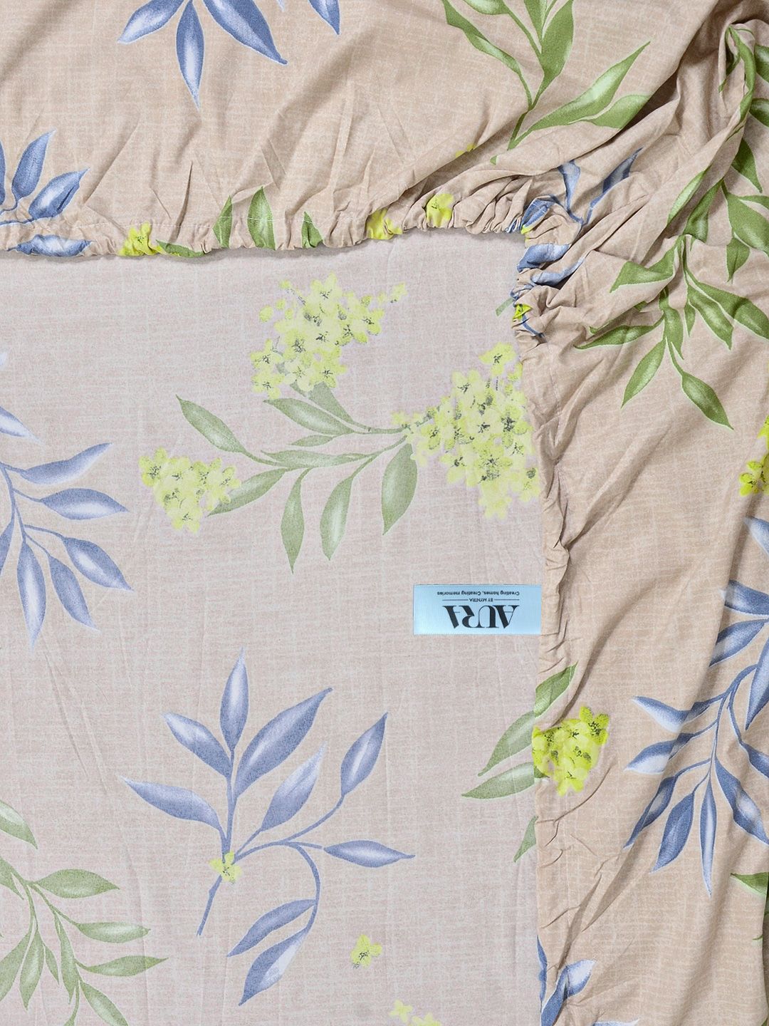 Aura Beige & Blue Floral Printed 300 TC Fitted Single Bedsheet Set 1.5 m x 2.2 m
