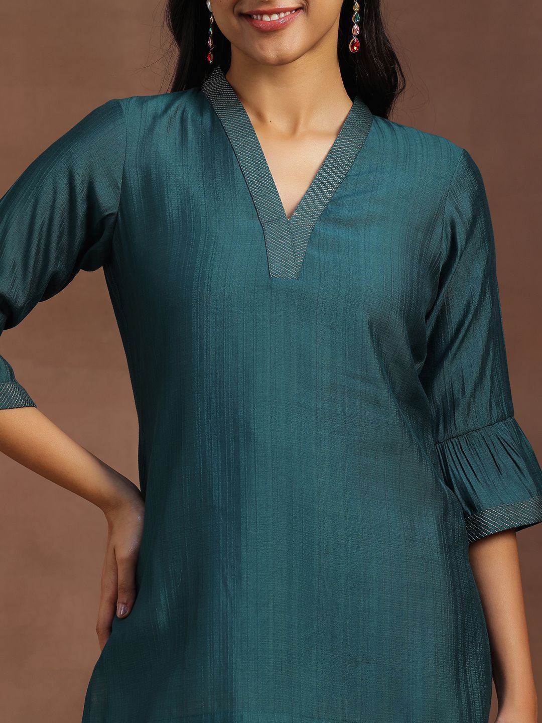 Libas Striped V-Neck Bell Sleeves Zari Straight Kurti