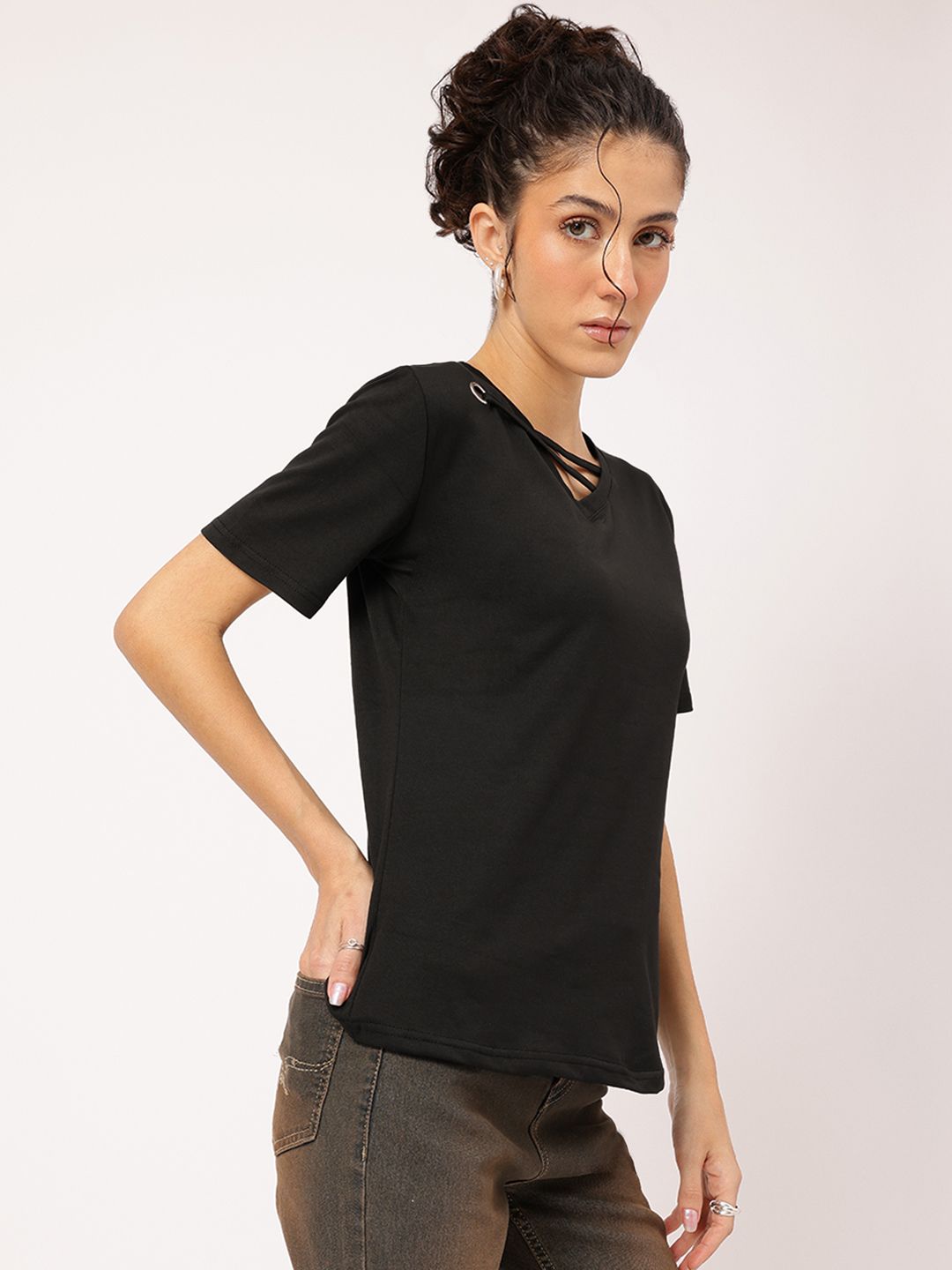 DressBerry Cozy Chic Strap & Ring Detail V-Neck Top