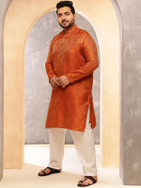 SOJANYA PLUS Ethnic Motifs Woven Design Band Collar Jacquard Silk Kurta With Pyjama
