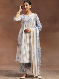 Libas Floral Printed Pleated Pure Cotton A-Line Kurta with Trousers & Dupatta