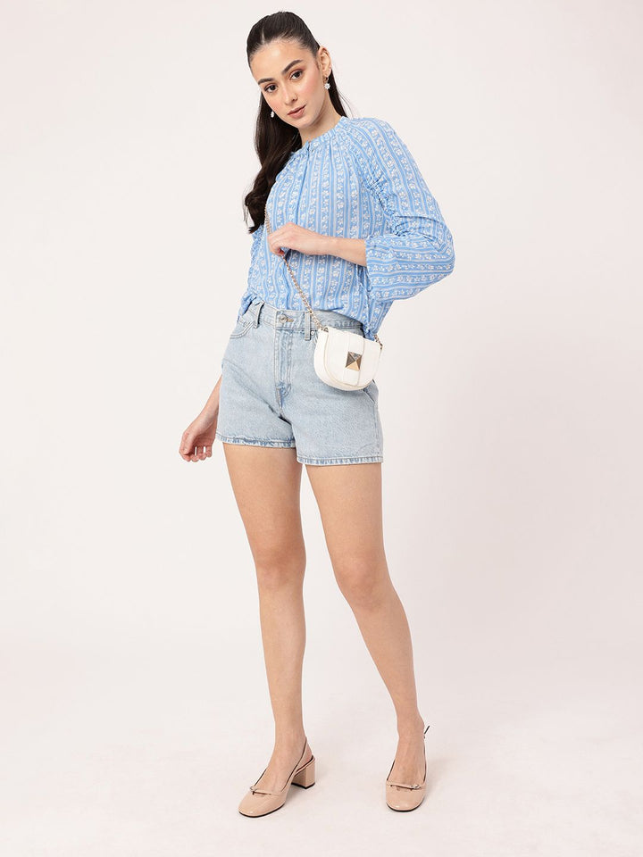 DressBerry Soft Blossom Printed Ruched Raglan Sleeves Shirt