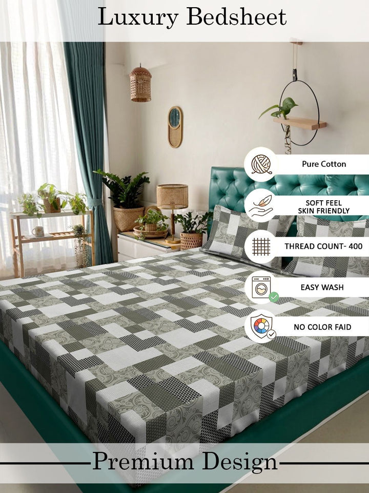 Myntra Elegant Homes Green Geometric Cotton 400TC King Double Bedsheet with 2 Pillow Cover