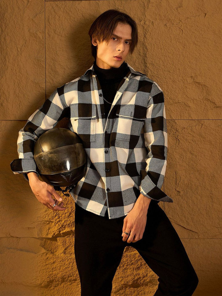 DENNISON Men Double Pocket Drop Shoulder Oversized Cotton Checked Shacket