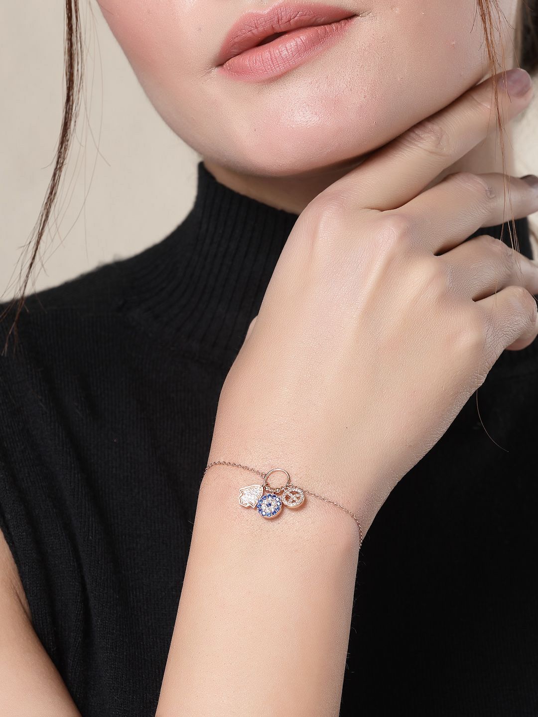PANASH 925 Sterling Silver Rose Gold-Plated CZ-Studded Charm Bracelet