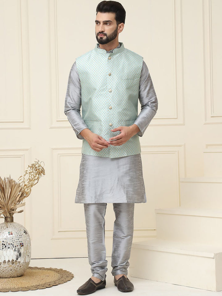 SOJANYA Mandarin Collar Silk Cotton Straight Kurta dengan jaket Churidar & Nehru