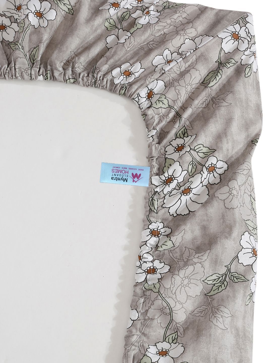 Myntra Elegant Homes Grey Floral Pure Cotton 400 TC Fitted King Superfine Bedsheet dengan 2 Sarung Bantal-98 x 89 inci