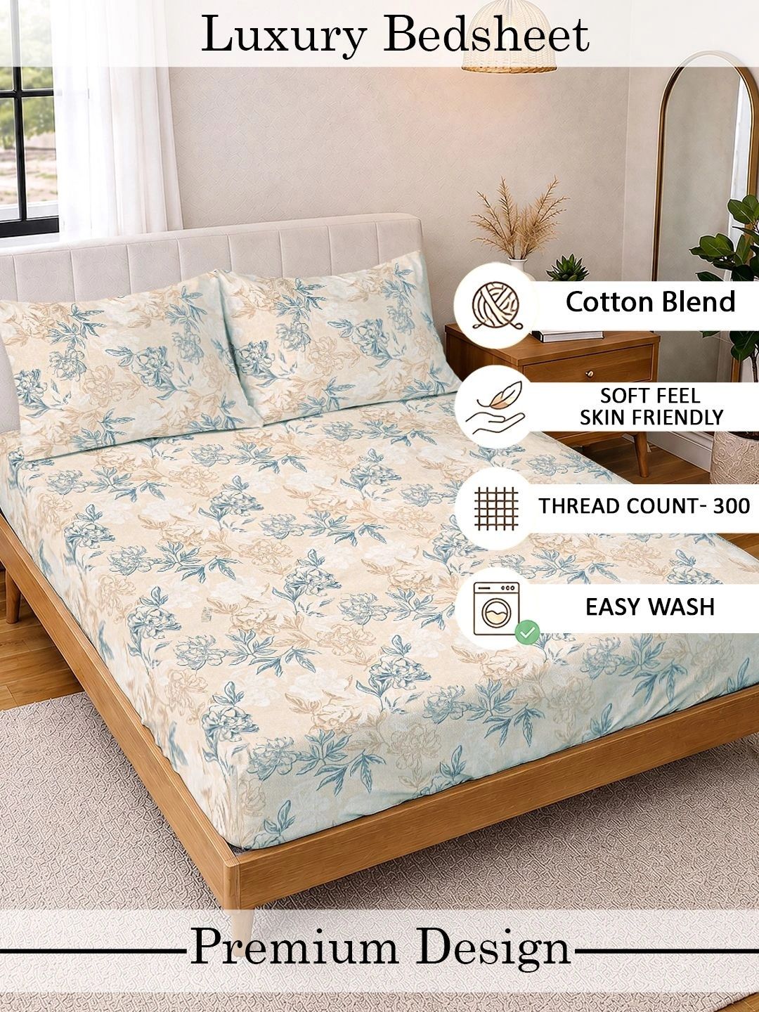 KLOTTHE Cream-Coloured & Blue Floral 300 TC King Bedsheet with 2 Pillow Covers