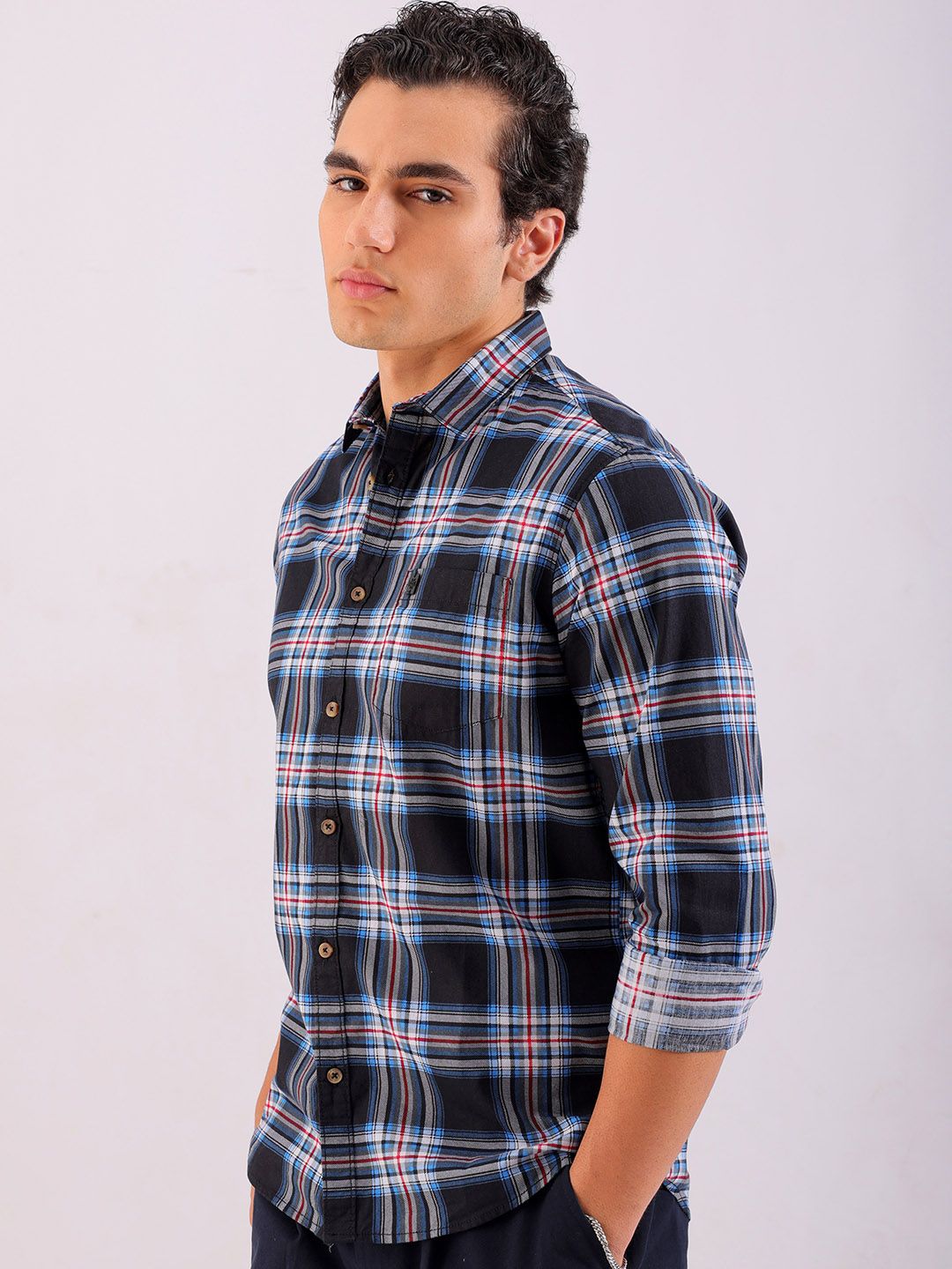 The Indian Garage Co Men Black & Grey Checked Pure Cotton Casual Shirt