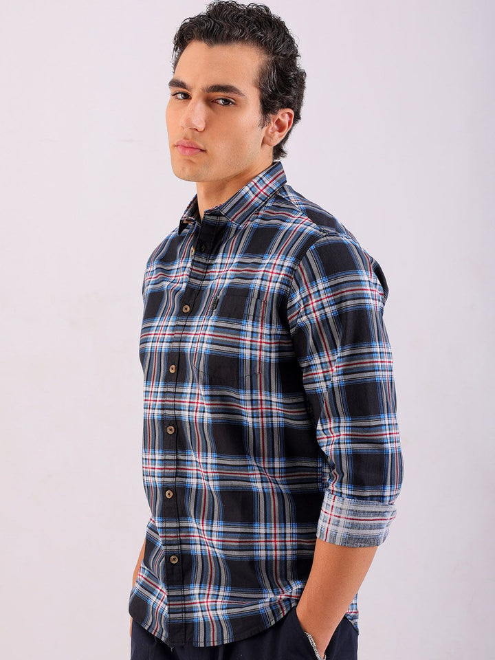 The Indian Garage Co Men Black & Grey Checked Pure Cotton Casual Shirt