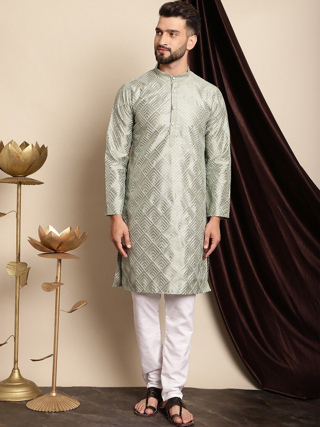 Anouk Embroidered Band Collar Regular Kurta with Churidar