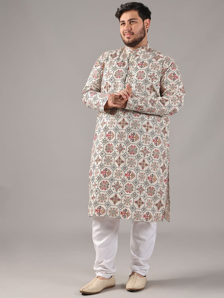 SOJANYA PLUS Plus Size Lelaki Motif Etnik Bercetak Cotton Linen Kurta Lurus Dengan Piyama