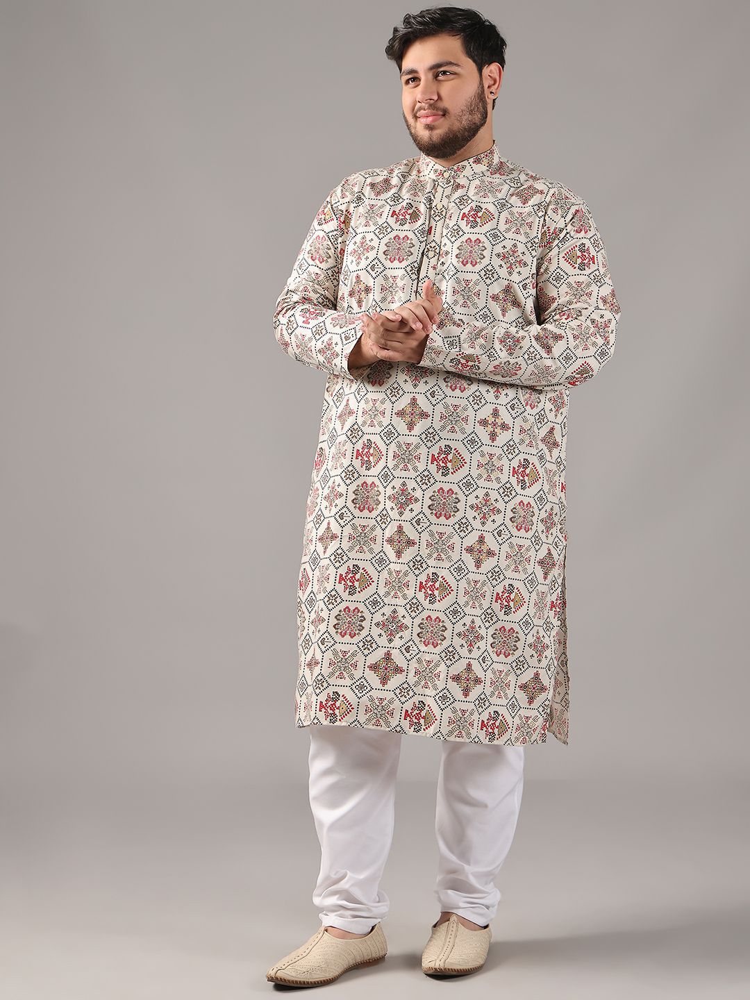 SOJANYA PLUS Plus Size Lelaki Motif Etnik Bercetak Cotton Linen Kurta Lurus Dengan Piyama