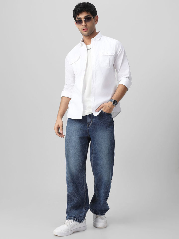 Urbano Fashion Men Spread Collar Solid Cotton Casual Shirt