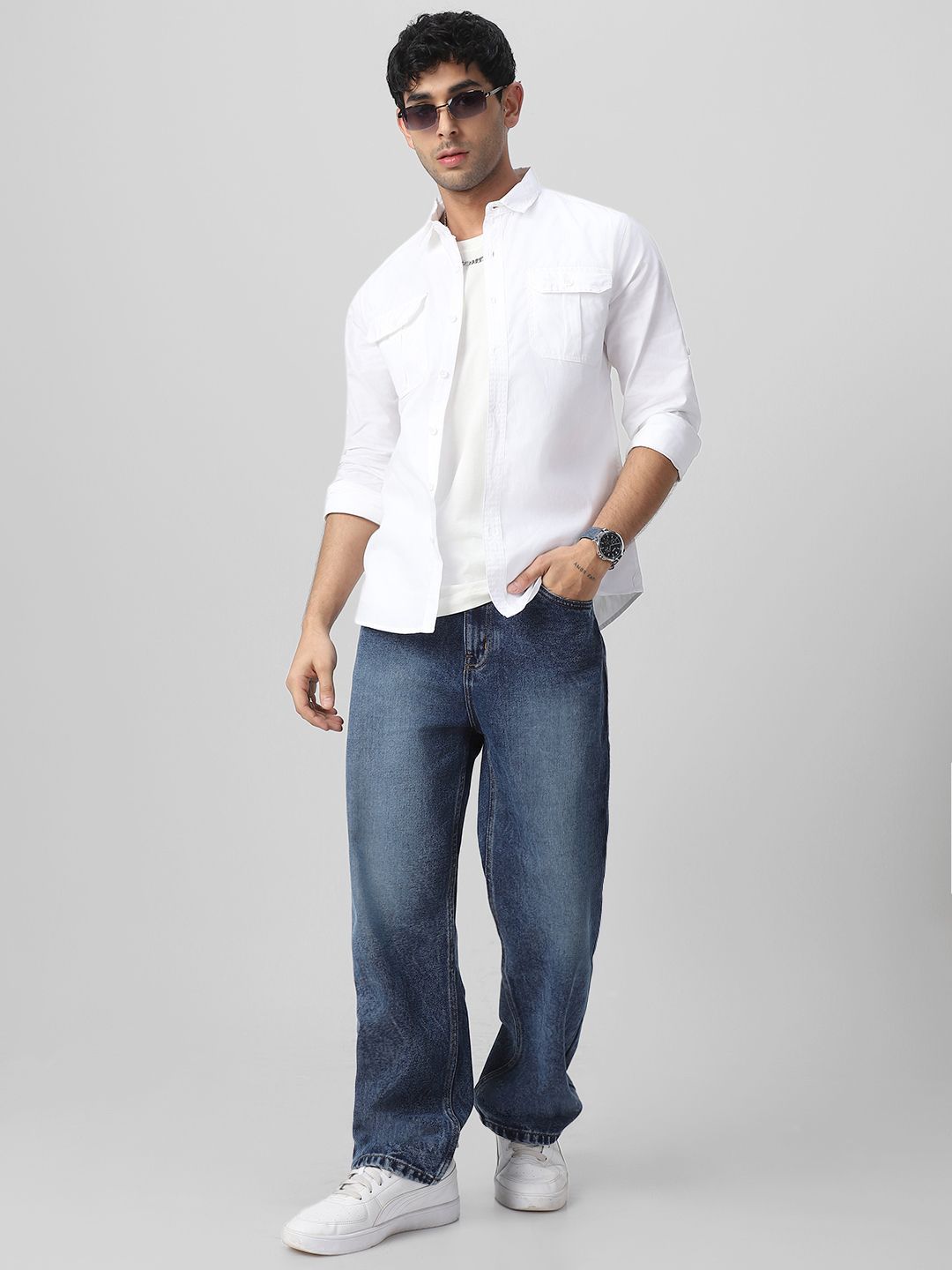 Urbano Fashion Men Spread Collar Solid Cotton Casual Shirt