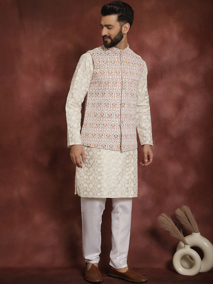 Anouk Men Floral Embroidered Thread Work Straight Kurta With Pyjama & Nehru Jacket