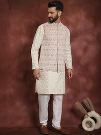 Anouk Men Floral Embroidered Thread Work Straight Kurta With Pyjama & Nehru Jacket