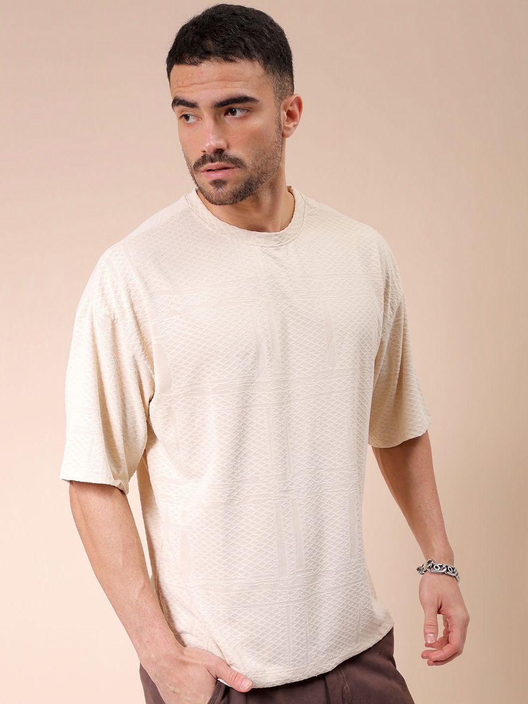 The Indian Garage Co Men Self Design Round Neck Oversized T-shirt