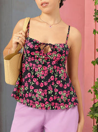 DressBerry Floral Fantasy Tie-Up Neck A-Line Top