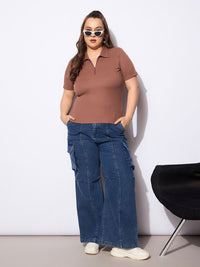 Sassafras Curve Women Ribbed Ribbed Shirt Collar Top