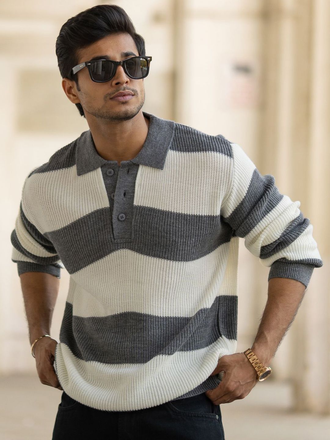 Powerlook Men Striped Polo Collar Full Sleeves Casual T-shirt