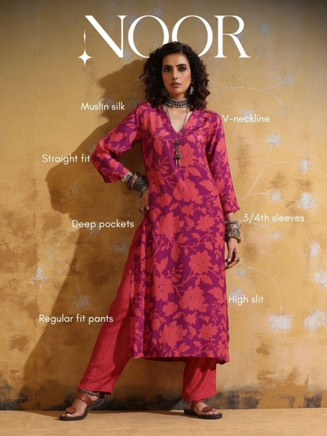 trueBrowns Floral Printed V-Neck High-Slit Muslin Silk Kurta With Trouser